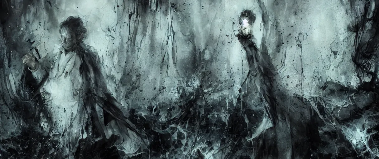 Prompt: concept art of scary bilbo baggins scene from lord of the rings, jumpscare scene with ian holm from fellowship of the ring by emil melmoth zdzislaw beksinki craig mullins yoji shinkawa realistic render ominous detailed photo atmospheric by jeremy mann francis bacon and agnes cecile ink drips paint smears digital glitches glitchart