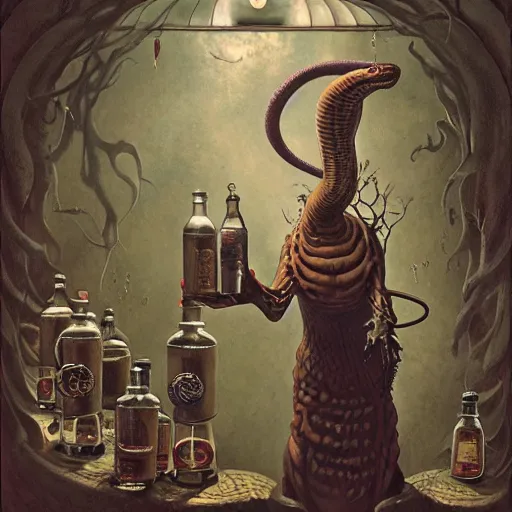 Prompt: a grinning anthropomorphic snake selling bottles of medicine, fantasy, steampunk, dave mckean, hr giger, peter mohrbacher, wayne barlowe