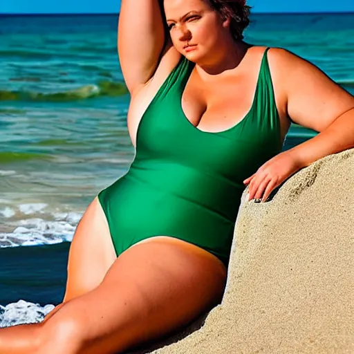 Image similar to a curvy woman with light brown hair and green eyes lounging at the beach wearing a one - piece swimsuit