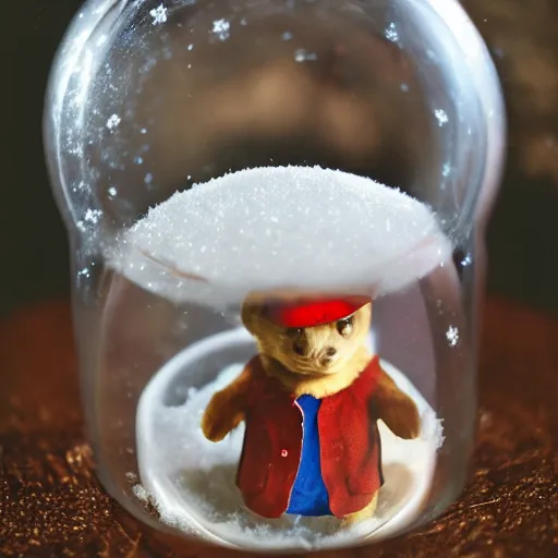 Prompt: Paddington Bear trapped in a snow globe