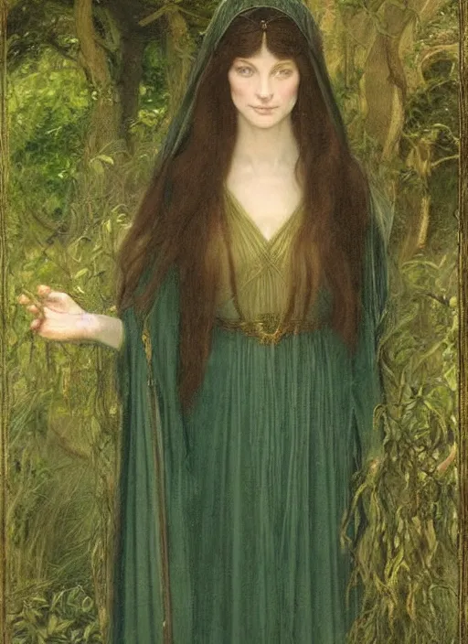 Prompt: a portrait of galadriel in lothlorien, by thomas cooper gotch and simeon solomon