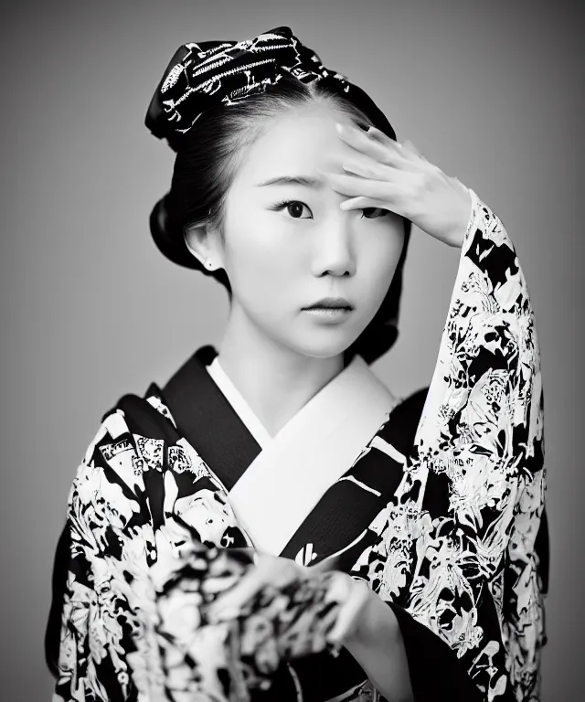 Image similar to a modern black and white film photograph shot on kodak 4 0 0 tx, portrait of one!! very beautiful and young japanese woman wearing a traditional kimono with a very ornate pattern of cranes, her hair is tied above her head, the scene is shot on a canon 8 5 mm f / 1. 4 in a studio setting with dramatic and cinematic lighting