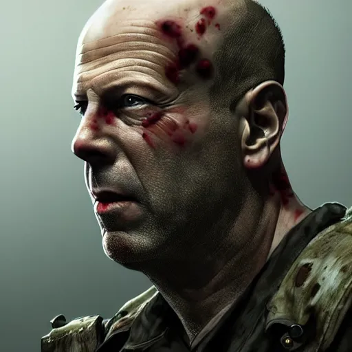 Image similar to bruce willis as a zombie, 7 days to die zombie, fine art, award winning, intricate, elegant, sharp focus, cinematic lighting, highly detailed, digital painting, 8 k concept art, art by guweiz and z. w. gu, masterpiece, trending on artstation, 8 k