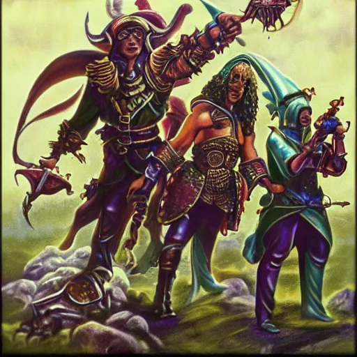 Image similar to high fantasy 1 9 8 0's wargame airbrushed artwork - inspired octane render, a happy sitcom family with an evil demonic occult monster