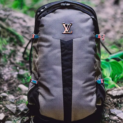 Prompt: a hiking backpack designed by louis Vuitton. Product photography.