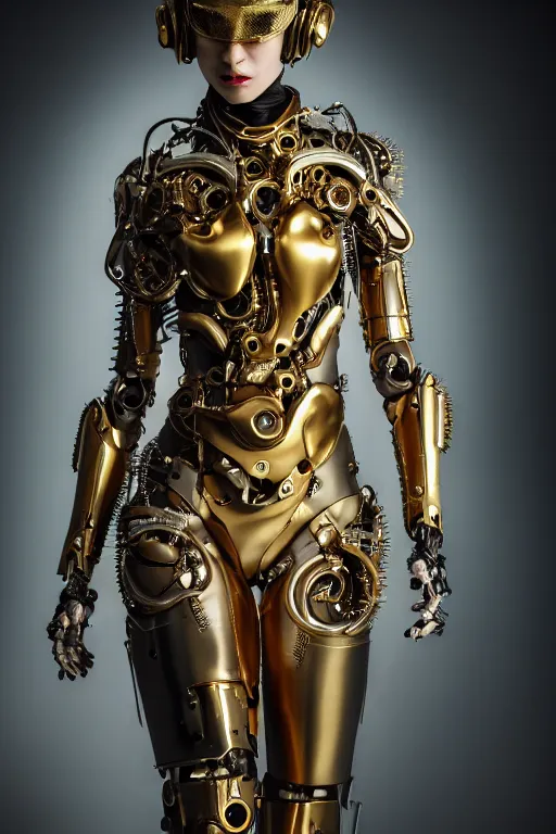 Image similar to beautifull cyberpunk woman model, wearing organic biomechanical armor, thin gold terdrils, luxury materials, symmetrical, cinematic, elegant, professional studio light, real dlsr photography, sharp focus, 4 k, ultra hd, sense of awe, high fashion