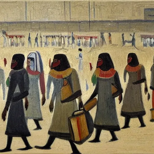 Image similar to painting of egyptian commuters heading to the central business district of cairo, painted by laurence stephen lowry, oil on canvas, national gallery