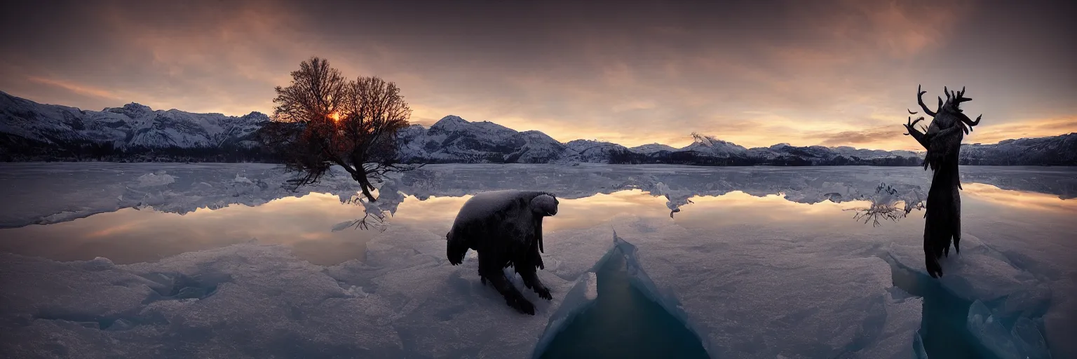 Image similar to amazing landscape photo of a Frozen Human Giant stuck under the ice transparent frozen lake at sunset by marc adamus beautiful dramatic lighting