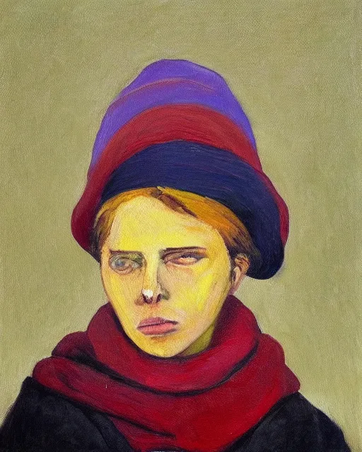 Image similar to a painting of a person wearing a hat and scarf, an oil on canvas painting by Luc Tuymans, featured on reddit, synthetism, oil on canvas, academic art, art on instagram