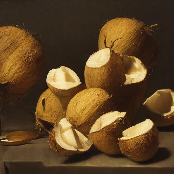 Image similar to still life painting of halved coconuts by pieter claesz, oil on canvas, strong lighting, highly detailed, hyper realism, golden hour, god rays, hd, 4 k