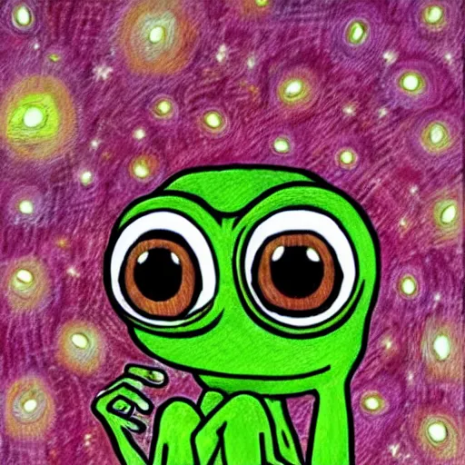 Prompt: a portrait of an alien pepe the frog meditating and reaching nirvana, shiny big eyes reflecting the universe. by matt furie