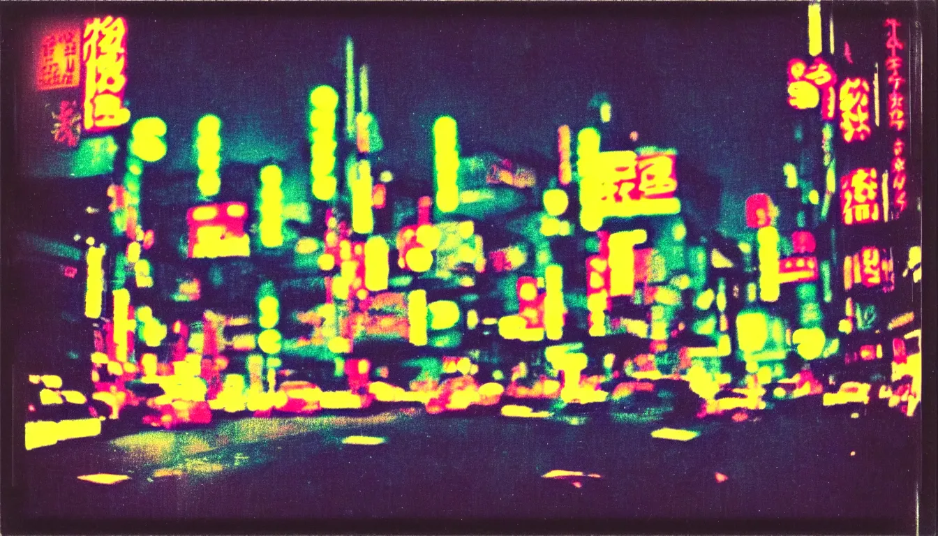 Image similar to colorful instant photograph of tokyo at night, polaroid, light leak, raw, nostalgic