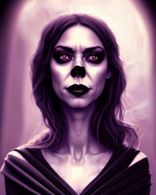 Prompt: stunning beautiful Aubrey Plaza dark witch, purple eyes, evil smile, black magic, realistic character concept, full body black dress, sinister pose, scary magical background, illustration, slender symmetrical face, symmetrical eyes, realistic body, cinematic lighting, hyperdetailed, high resolution, Charlie Bowater, Tom Bagshaw, insanely detailed and intricate