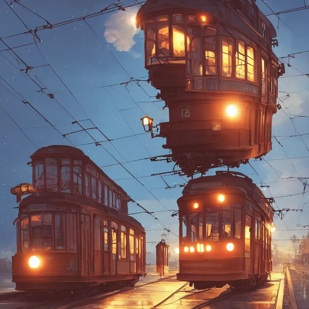 Image similar to a streetcar is running on the maple leaf sea, unreal engine, fantasy art by greg, loish, rhads, ferdinand knab, makoto shinkai and lois van baarle, ilya kuvshinov, rossdraws, tom bagshaw, night lighting, trending onstudio ghibli, highly detailed, octane render, 8 k