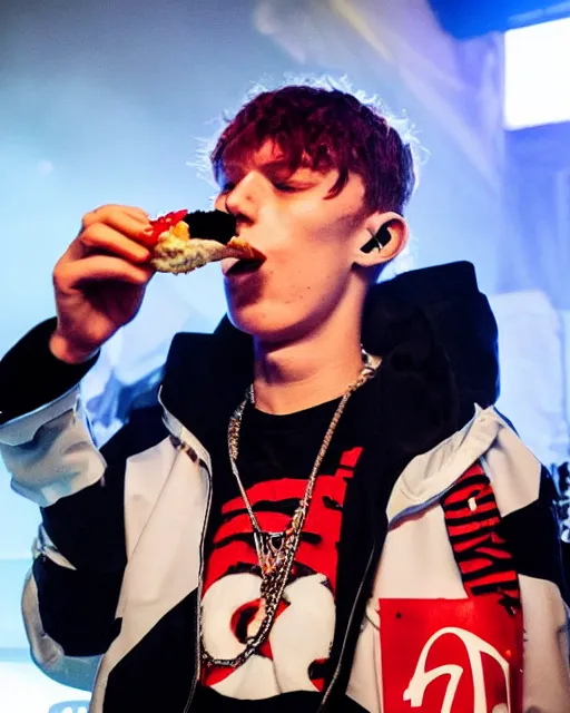 Prompt: “ extremely detailed photo of bladee eating kfc on stage at the drain gang concert ”