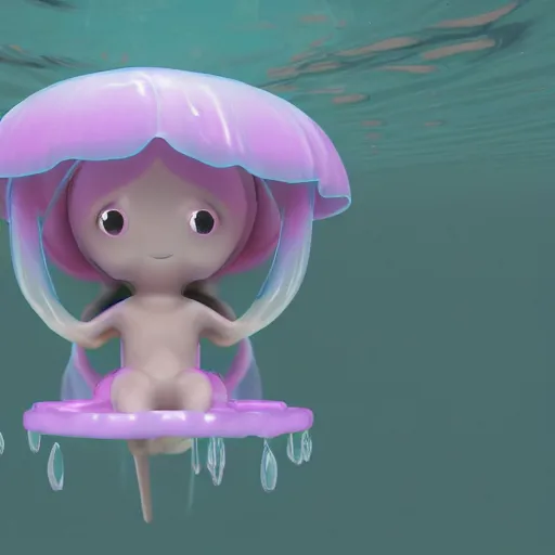 Image similar to cute pvc plush of a jellyfish girl in her underwater habitat, pvc figure, vray water refraction simulation, rtx