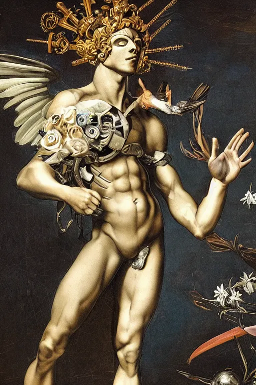 Image similar to a young handsome Spanish metal android with a large glowing battery in the center of his chest in a full-body bronze cyberpunk style statue of Icarus with glowing blue eyes, crown of peach roses, flowing teal-colored silk, fabric, flowers. baroque elements, human skull. full-length view. baroque element. intricate artwork by caravaggio. many many birds birds on background. Trending on artstation, octane render, cinematic lighting from the right, hyper realism, octane render, 8k, depth of field, 3D