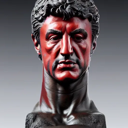 Image similar to museum stallone rambo portrait statue monument made from porcelain brush face hand painted with iron red dragons full - length very very detailed intricate symmetrical well proportioned balanced