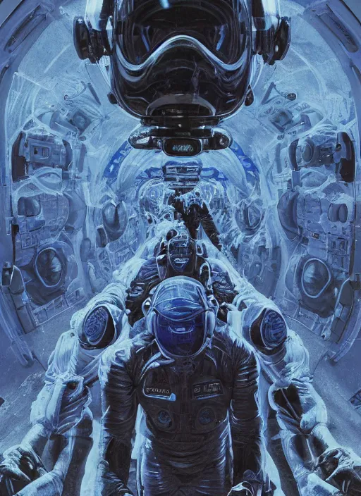 Image similar to astronauts in the dark infinite underwater void - complex and hyperdetailed technical suit, fabric material. reflection and dispersion materials. rays and dispersion of light. volumetric light. wide angle, f / 3 2. noise film photo. flash photography. ultra realistic, wide angle. poster by wayne barlowe, hajime sorayama aaron horkey, craig mullins