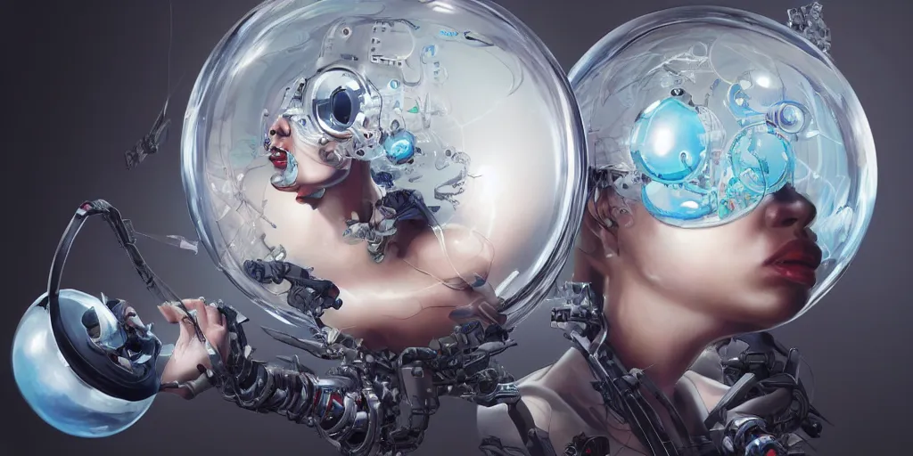 Image similar to hyperrealistic photography of a gorgeous big female cyborg constructing a bubble machine in the style of Jin Kagetsu, James Jean and wlop, highly detailed, masterpiece, award-winning, sharp focus, intricate concept art, ambient lighting, 8k, artstation