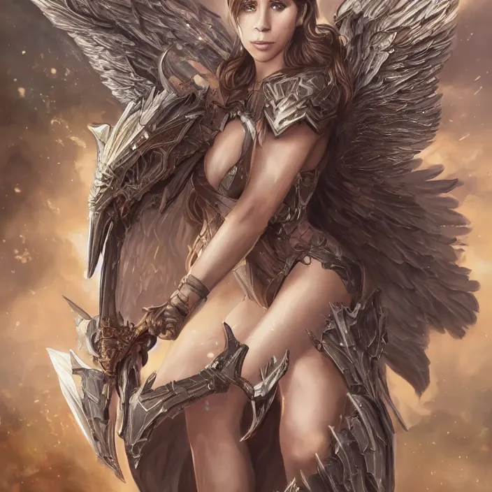 Image similar to jennifer love hewitt is a female angel with a shinny armour and big wings, d & d, fantasy, highly detailed, digital art, artstation, smooth, sharp focus, fantasy illustration, art by peter tang and artgem and alina ivanchenko and hirokazu yokohara and kago shintaro