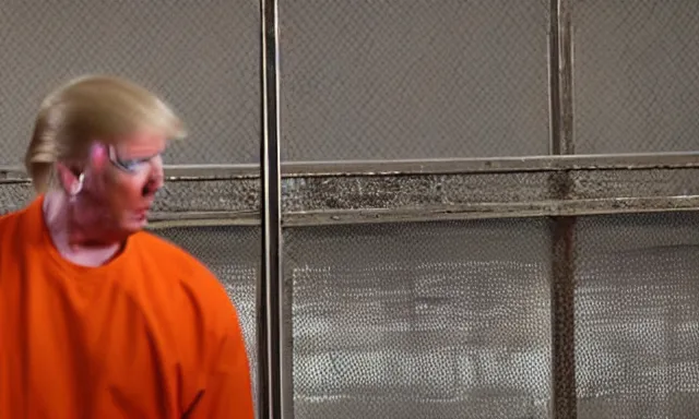 Image similar to full distant shot of a dirty jail cell in guantanamo bay prison with donald trump wearing an orange jump suit crying in it, photograph, realistic, dramatic lighting