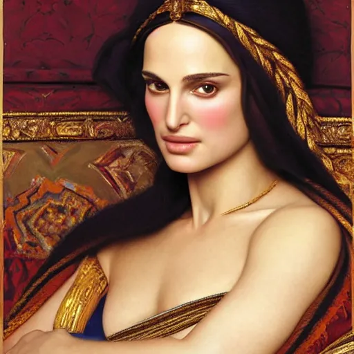 Image similar to beautiful_golden_portrait_of_a_Natalie_Portman_a s_Grand Odalisque_intricate_oil_paintingby Jo hn_William_Godward_by_Anna_Dittman_by J-H 768-C9.0