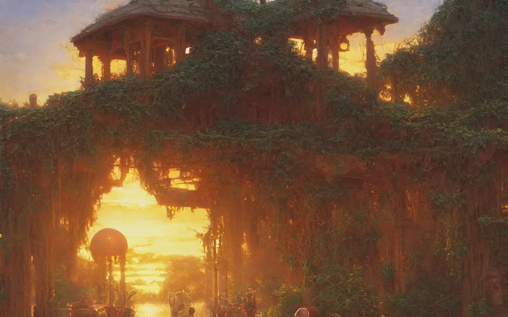 Image similar to a detailed oil painting by john williams waterhouse, thomas kincade, michael whelan and donato giancola of an arabian shrine, hyper detailed, hd, artstation, beautiful sunrise lighting