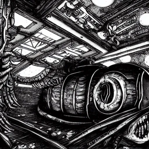 Image similar to monster made of bones and rotten flesh , abandoned space ship, dark, atmospheric , depressive