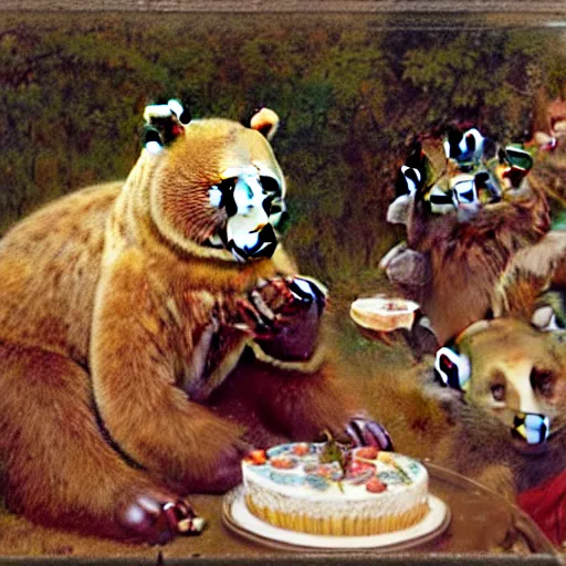 Image similar to polaroid photo of a bear eating cake at his 7 0's birthday at a zoo, highly detailed painting by gaston bussiere, craig mullins, j. c. leyendecker