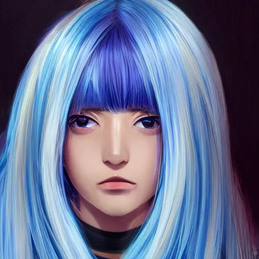 Prompt: profile shot of rimuru tempest averting his gaze, sky blue hair, straight hair, pretty, long bangs, golden eyes, black jacket with white stripes, a high frilly collar | highly detailed, unreal engine 5, digital painting, concept art, cinematic, wlop | artgerm, pixiv, ilya kuvshinov, andy warhol
