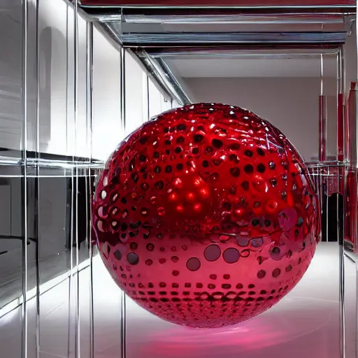 Prompt: chrome spheres on a red cube by yoichi hatakenaka