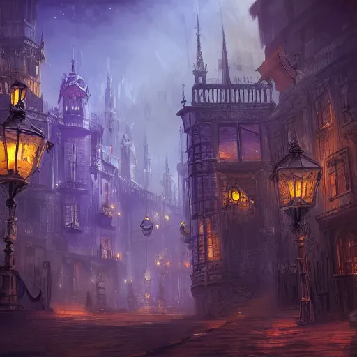 Prompt: fantasy steampunk victorian city at night, 4k, concept art