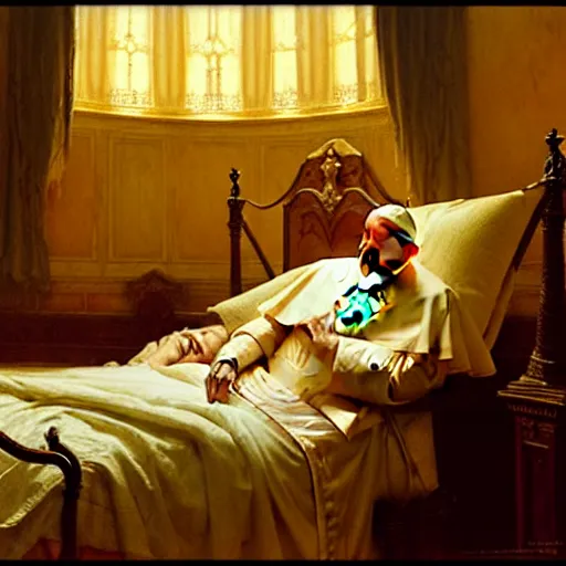 Image similar to the pope wakes up is his bed, sweating, nervous, terrified, because a double horned shadow demon lurks in the papal bedroom. highly detailed painting by gaston bussiere, j. c. leyendecker, greg rutkowski, craig mullins 8 k