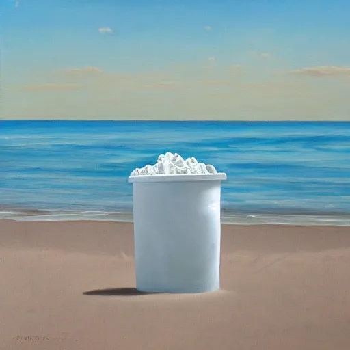 Image similar to an oil painting of a giant white styrofoam cup on the beach, the beach has red water, surrealism