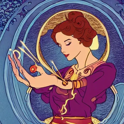 Image similar to art nouveau still of Princess Ursa performing a firebending healing session