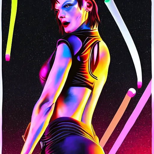 Image similar to milla jovovich as leeloo portrait in the foreground of digital art scifi sharp neon city