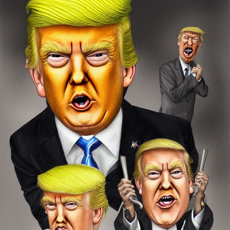 Image similar to a caricature of Donald Trump, with glowing yellow eyes, in style of Tom Bagshaw