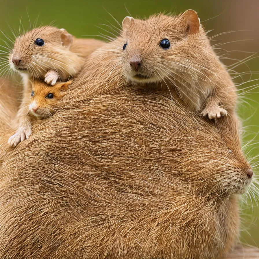 Image similar to a harvest mouse sitting on top of a cat sitting on top of a capybara, high definition, national geographic, award winning, god rays, 8k, 35mm wide angle photograph