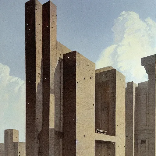 Prompt: painting of a scifi ancient civilzation victorian, brutalist architecture, minoru nomata