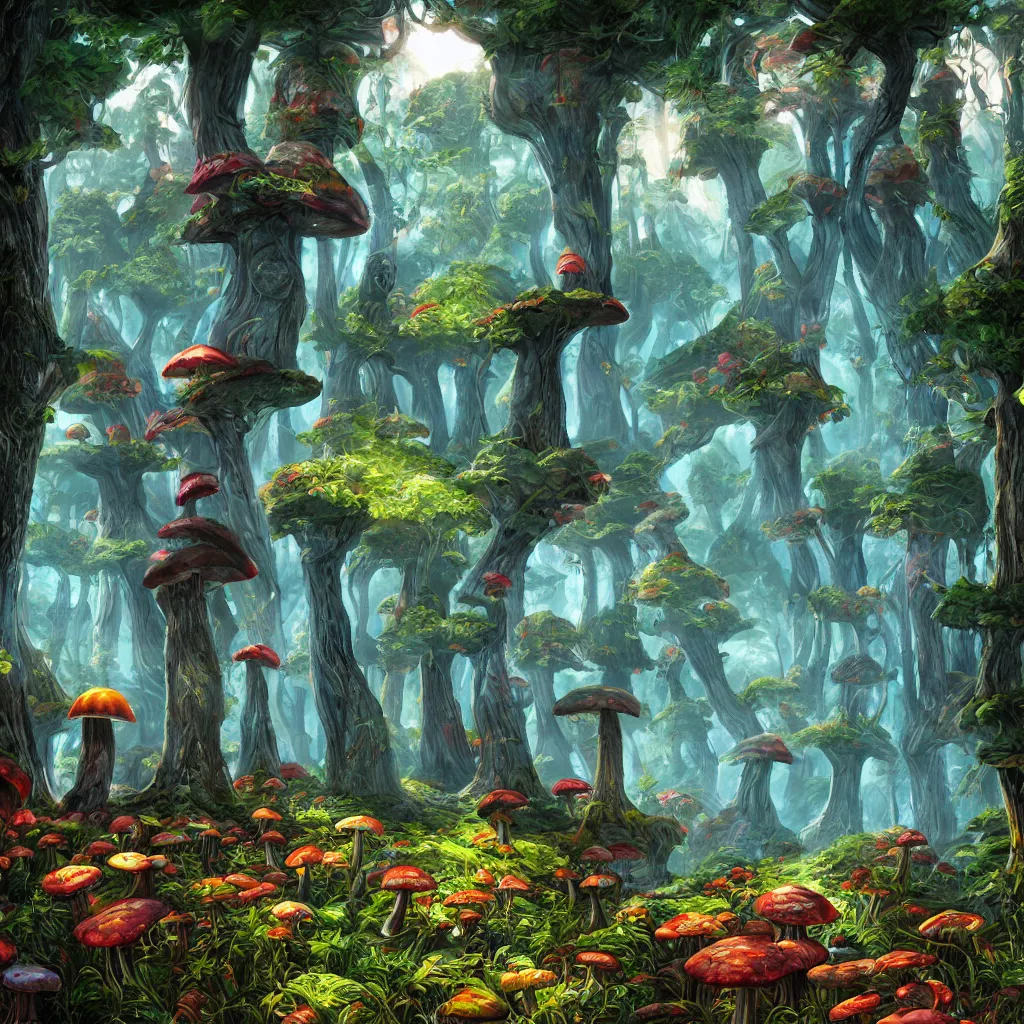 Image similar to bright, colorful, realistic, detailed from Elder Scrolls: shivering isles concept mania mushroom forest realm of madnessa portrait backlighting, kodachrome, high contrast, highly detailed, sharp focus, digital painting, concept art, illustration, trending on artstation, comic book by Alex Ross and Adam Adamowicz cover art