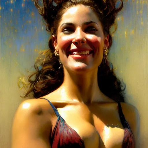 Image similar to a portrait of a pitbull woman hybrid smiling at the viewer. highly detailed painting by gaston bussiere, craig mullins, j. c. leyendecker 8 k