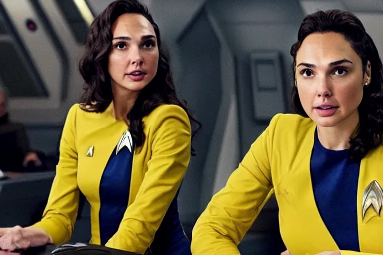 Image similar to Gal Gadot, wearing a yellow uniform, is the captain of the starship Enterprise in the new Star Trek movie