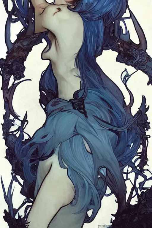 Image similar to fullbody!! dynamic action pose illustration, art by artgerm and greg rutkowski and alphonse mucha, beautiful woman with blue hair, antlers on her head, long flowing intricate black dress, dnd, face, fantasy, intricate, elegant, highly detailed, digital painting, artstation, concept art, smooth, sharp focus,