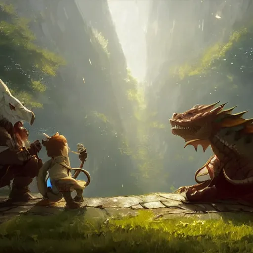 Image similar to a dwarf and a dragon drinking a beer | fantasy art | gapmoe kuudere moody lighting stunning bokeh highlights sharp contrast | trending pixiv fanbox | by greg rutkowski makoto shinkai takashi takeuchi studio ghibli