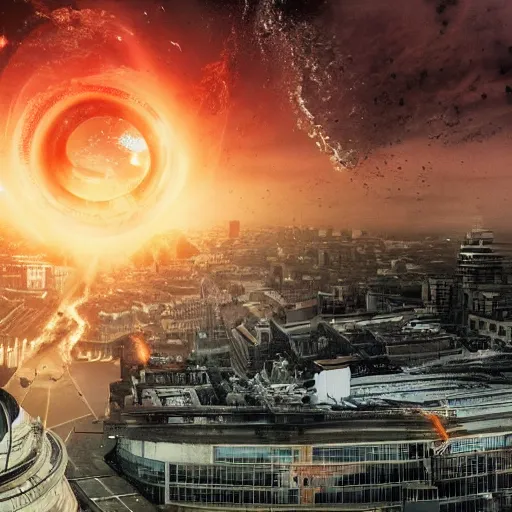 Prompt: movie still of a black hole destroying london 4 k, part of buildings flying into the black hole, post apocalypse