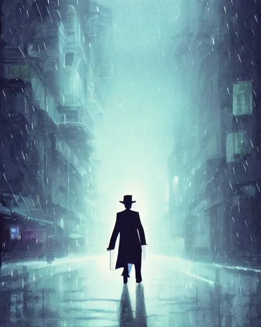 Image similar to a mystery anime of a man in a tuxedo holding a glock-19 walking down a street, gaslight, atmospheric lighting, rainy, foggy, gloomy. By Makoto Shinkai, Stanley Artgerm Lau, WLOP, Rossdraws, James Jean, Andrei Riabovitchev, Marc Simonetti, krenz cushart, Sakimichan, D&D trending on ArtStation, digital art.