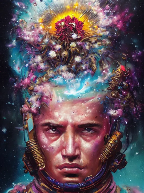 Image similar to art portrait of space marine with flower exploding out of head,8k,by tristan eaton,Stanley Artgermm,Tom Bagshaw,Greg Rutkowski,Carne Griffiths,trending on DeviantArt,face enhance,hyper detailed,minimalist,cybernetic, android, blade runner,full of colour,