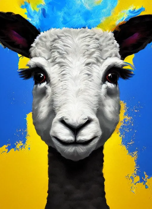 Image similar to a painting of a lamb's face with blue and yellow smoke coming out of, a digital painting by petros afshar, behance contest winner, digital art, behance hd, digital illustration, digital painting