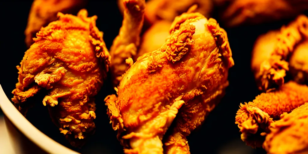 Prompt: photo of fried chicken, close - up, low saturation, diffuse light